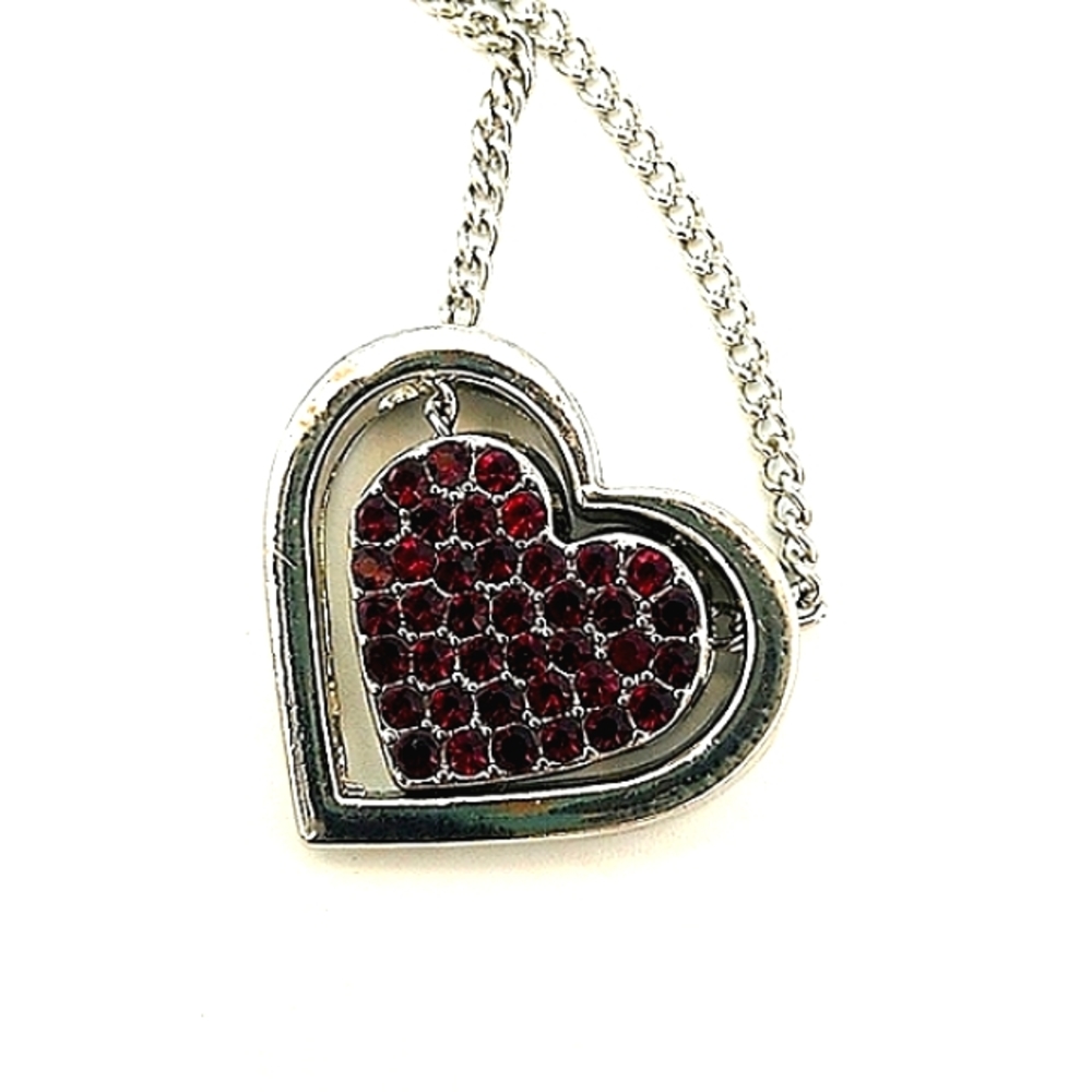 Heart Within a Heart Red Rhinestones & Silver tone, w/ Extender, Romantic Gift